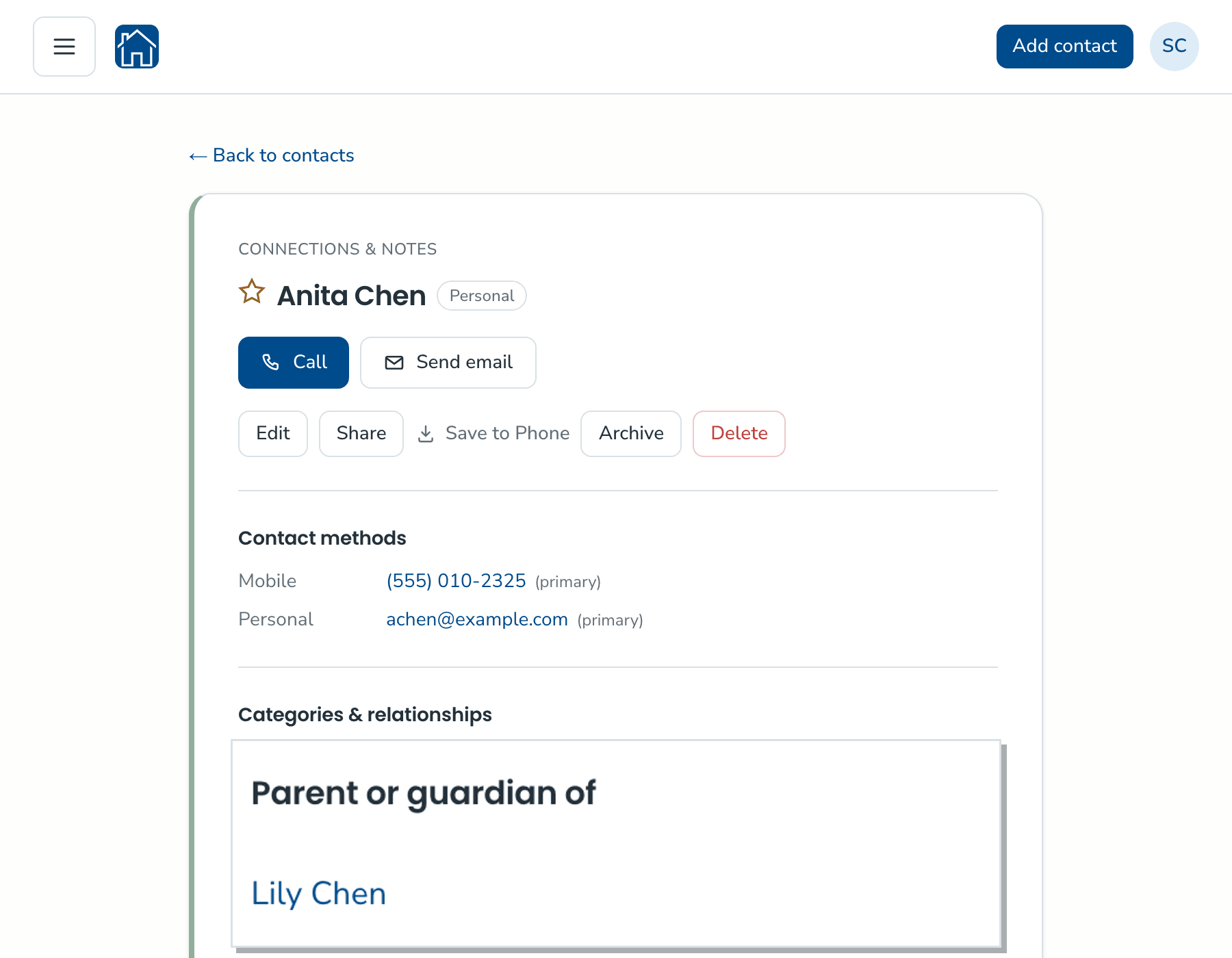 KeeperCircle contact detail page for Anita Chen, a parent of one of the household's kids' friends, with phone and email, a Parent/guardian link to Lily Chen, and a private household note. A magnified inset highlights the Parent/guardian relationship line.