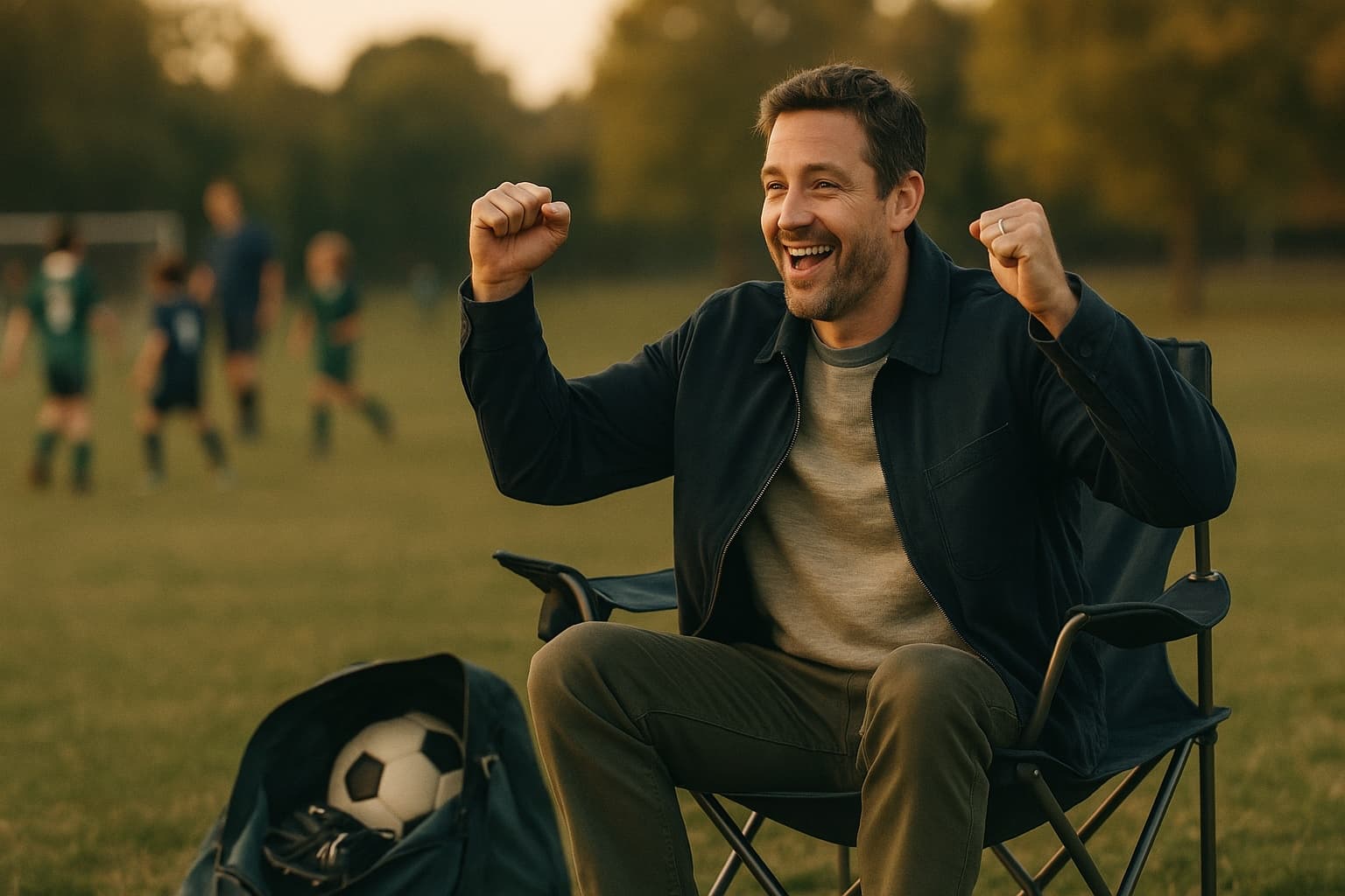 A cheering father on the sideline of a youth soccer game in golden evening light.