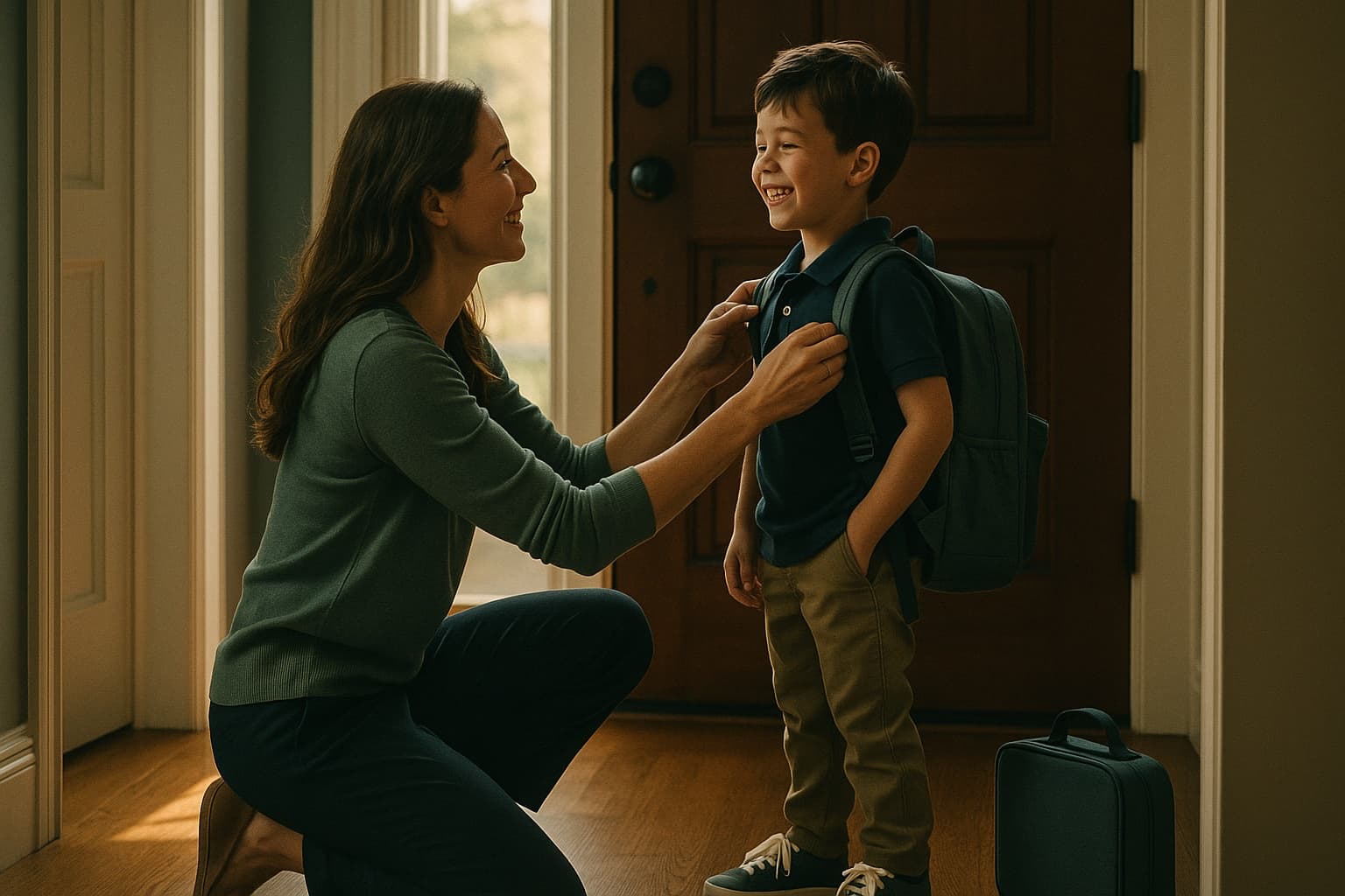A mother adjusting her excited son's backpack straps on the first morning of school.
