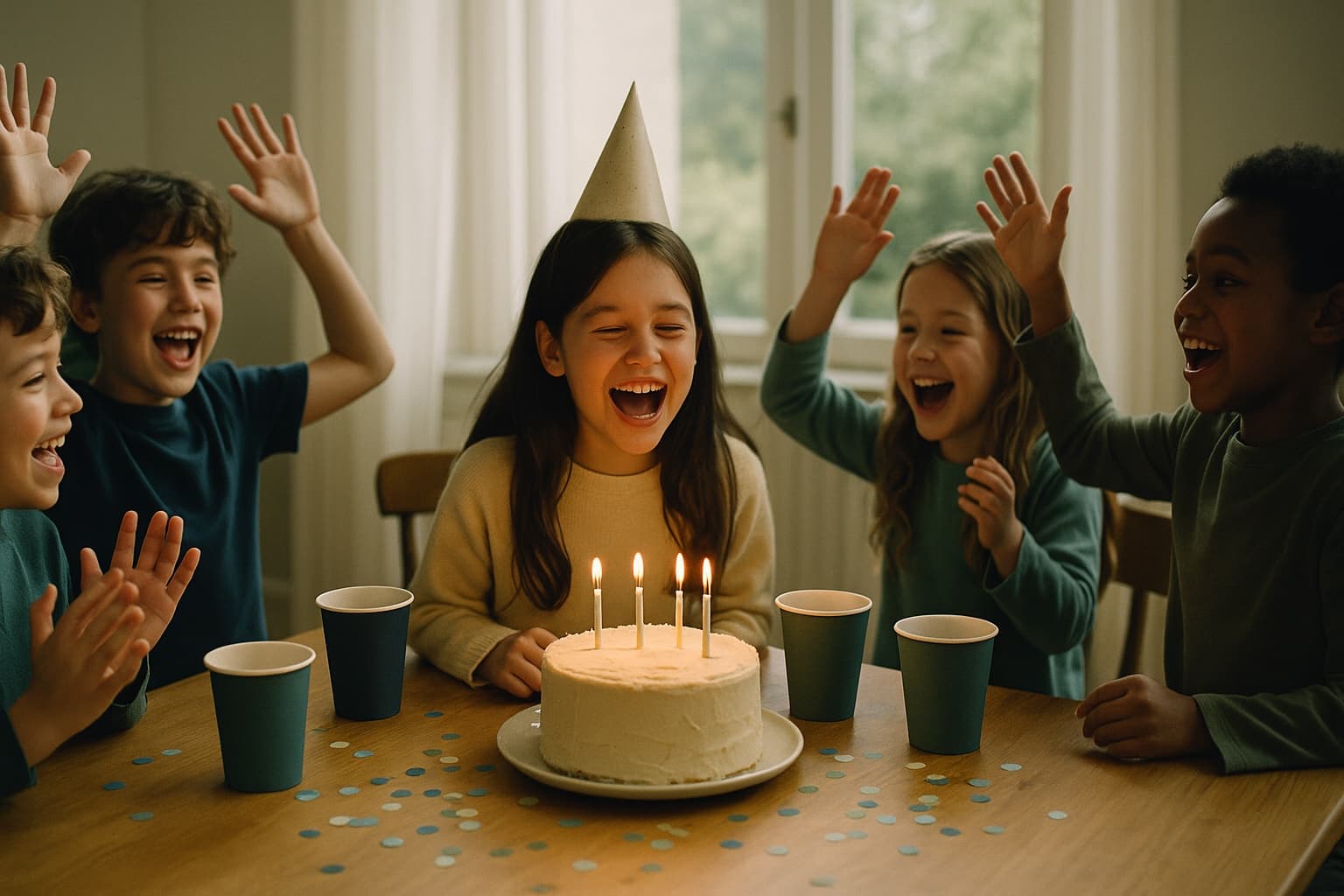 A laughing birthday girl at a party table with cheering friends and a candlelit cake.