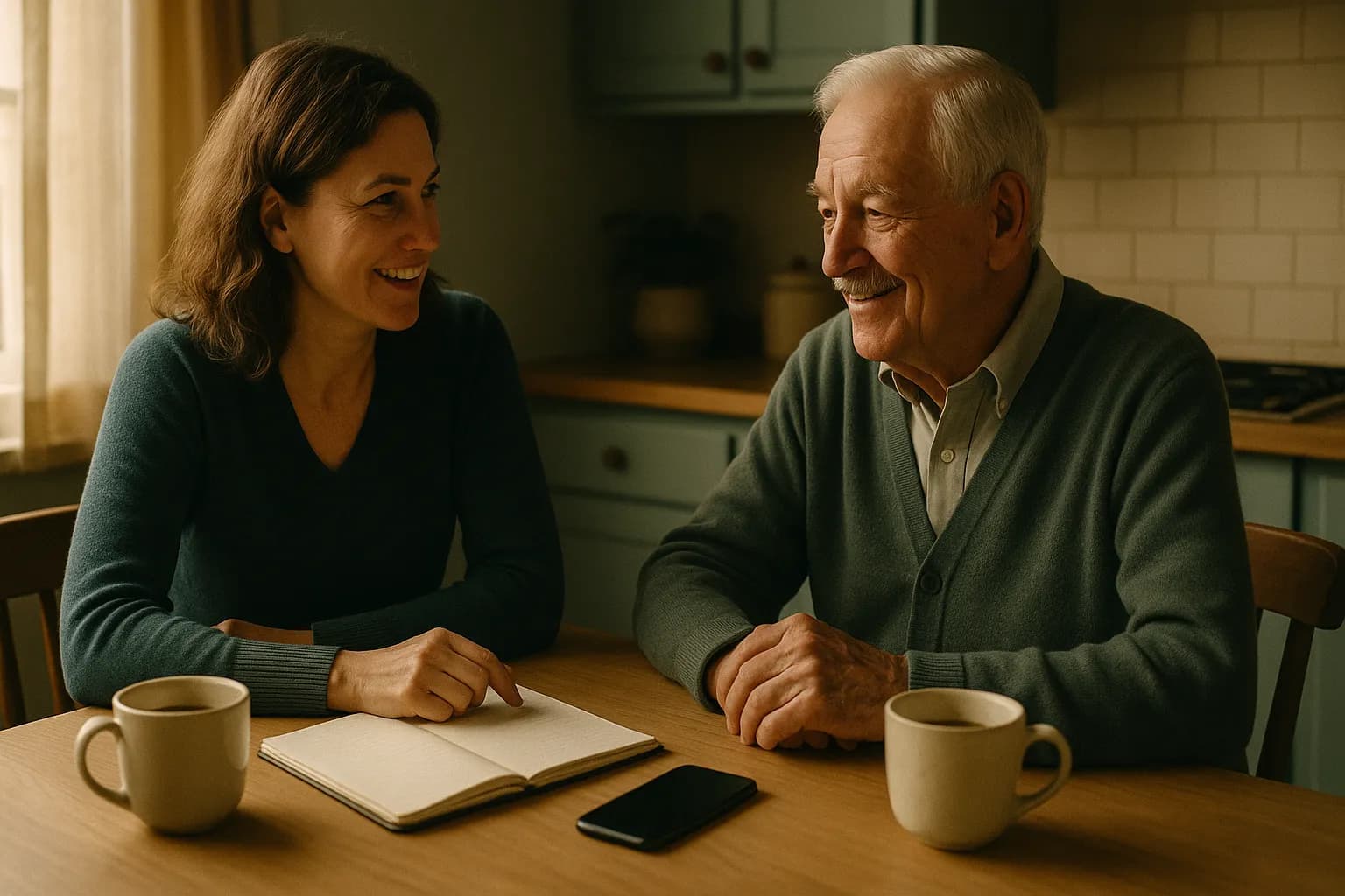 An adult daughter and her father writing a contact list together at his kitchen table