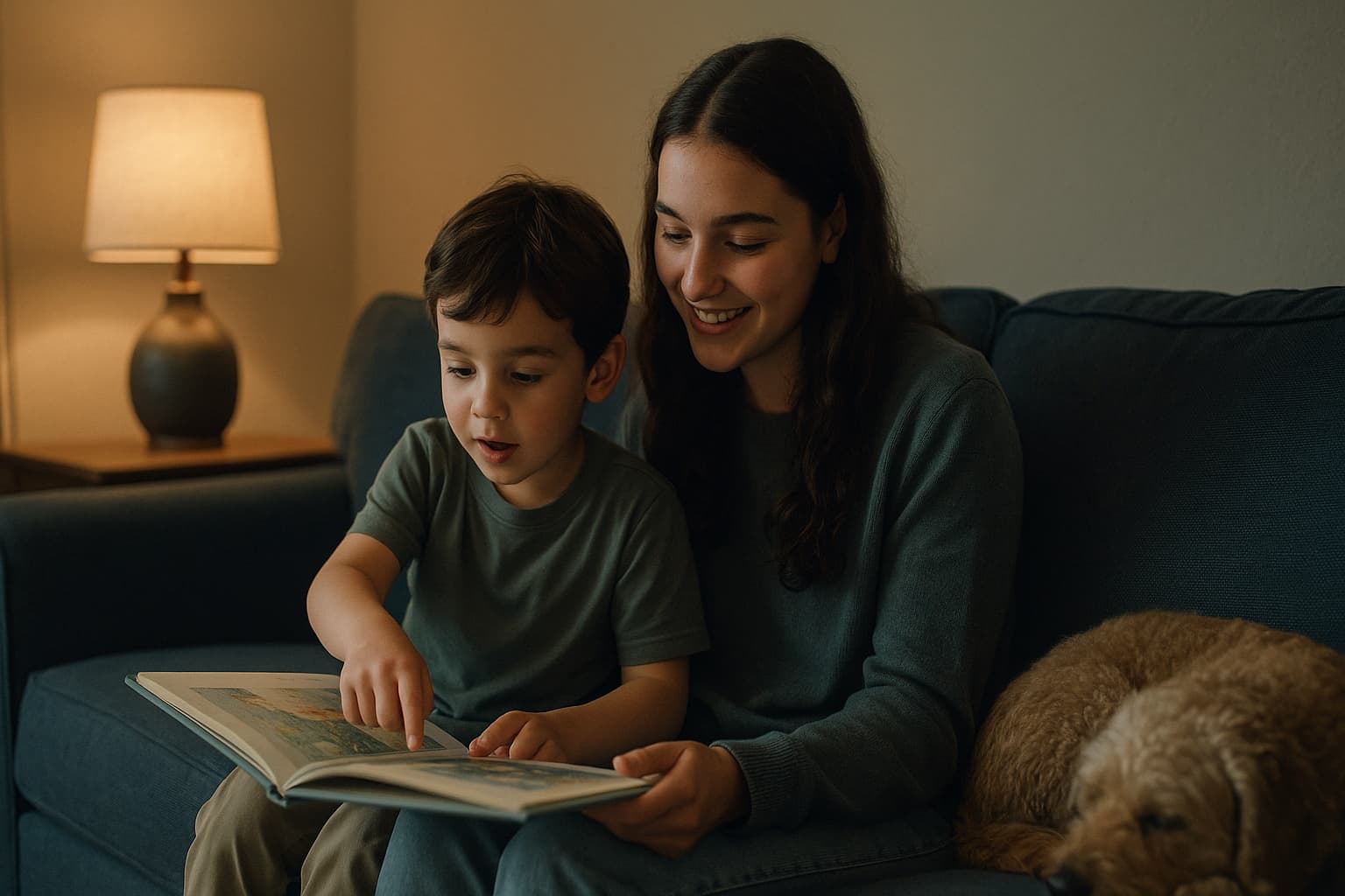 A babysitter and a young boy happily sharing a picture book on a cozy couch.