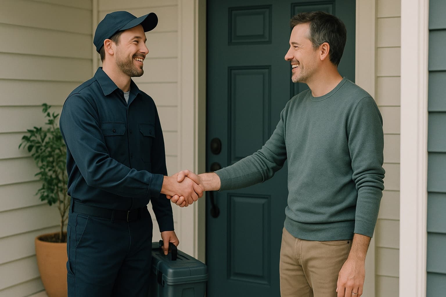 A homeowner and a friendly tradesperson with a toolbox shaking hands at the front door.