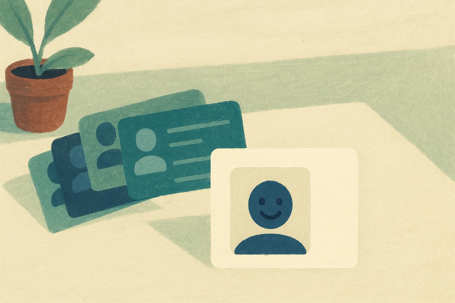 Overlapping duplicate contact cards merging into a single clean smiling card.