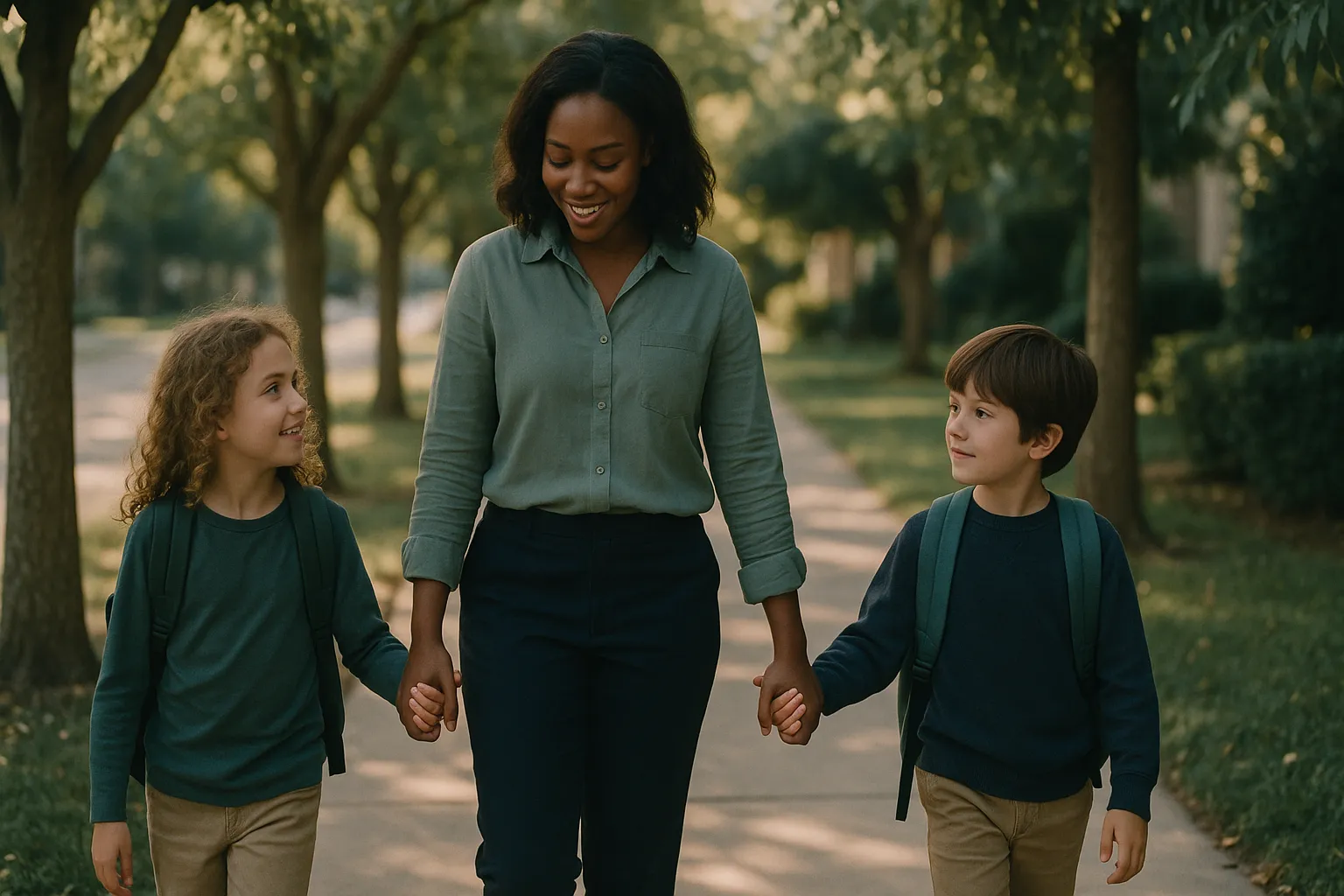 A nanny walks two children home from school along a tree-lined street