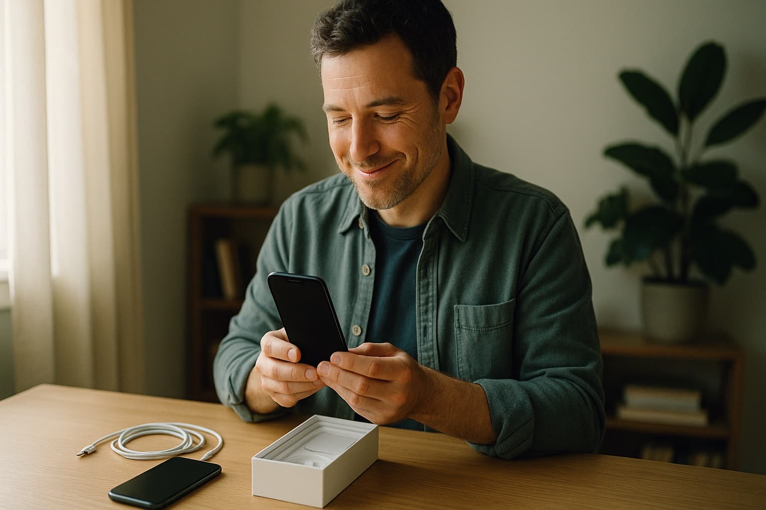A delighted man unboxing a new phone at a tidy desk beside his old phone.