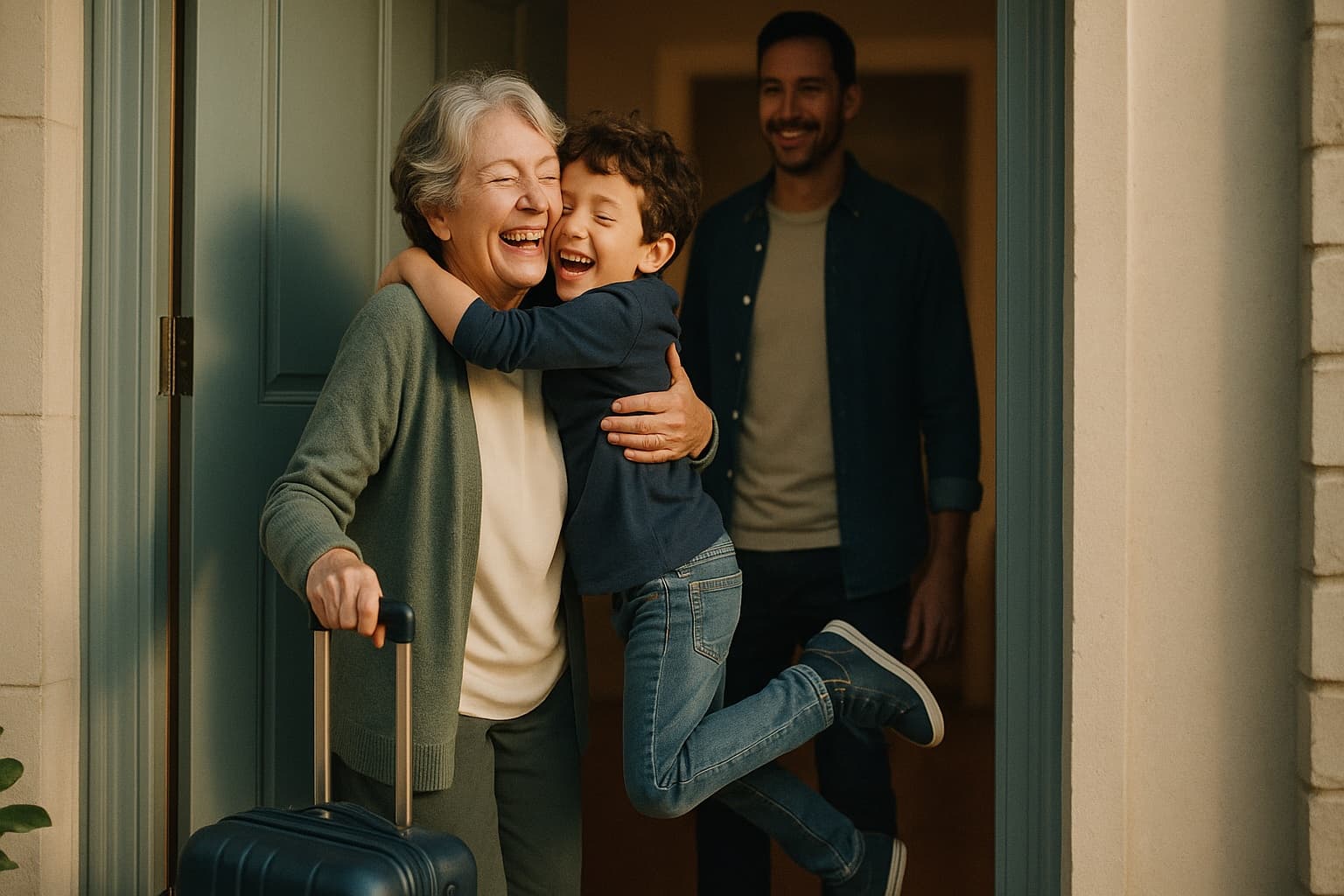 A joyful grandson leaping to hug his grandmother arriving with a suitcase for an overnight stay.