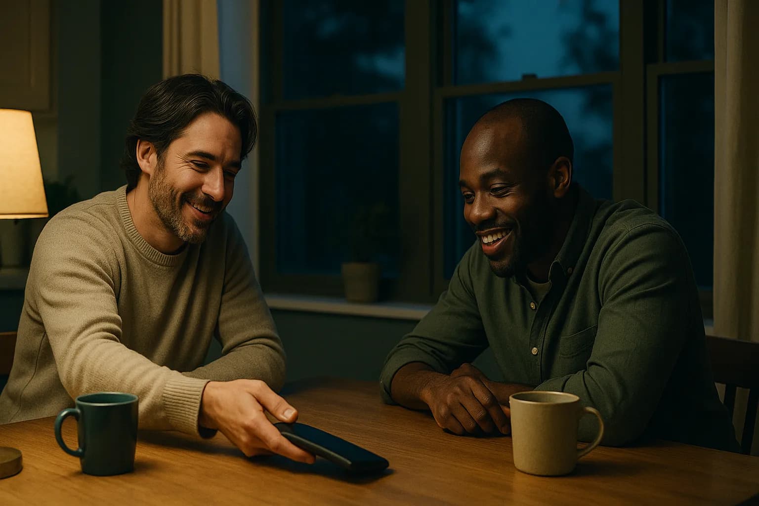 Two partners share a phone across the kitchen table as they pool their contacts