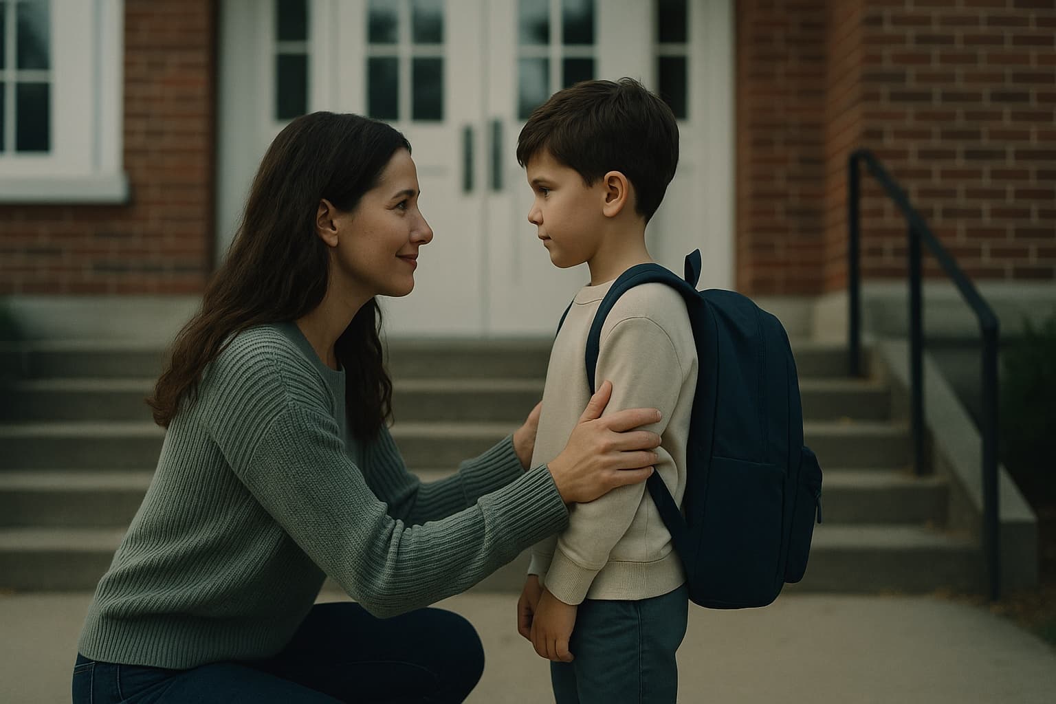 A mother reassuring her nervous son at the steps of his new school.
