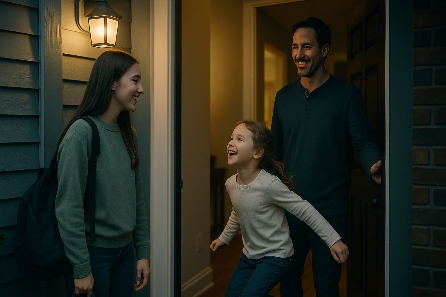 A babysitter warmly greeted at the door by an excited child and a smiling parent.