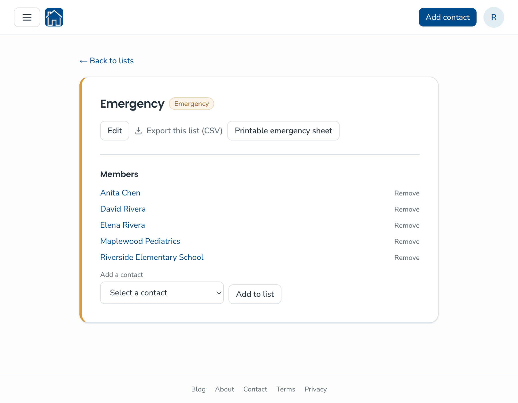 A KeeperCircle Emergency list with its members - Anita Chen, David Rivera, Elena Rivera, Maplewood Pediatrics, and Riverside Elementary School - and a Printable emergency sheet button.