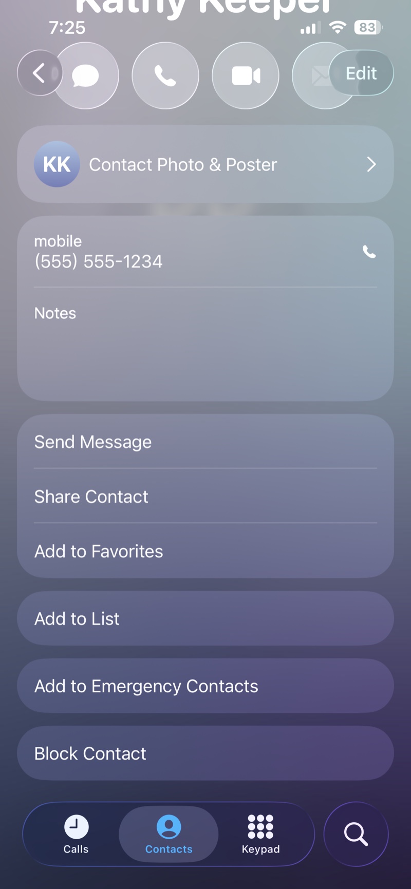 An iPhone contact card for a sample contact, with the Add to List option below Share Contact and Add to Favorites