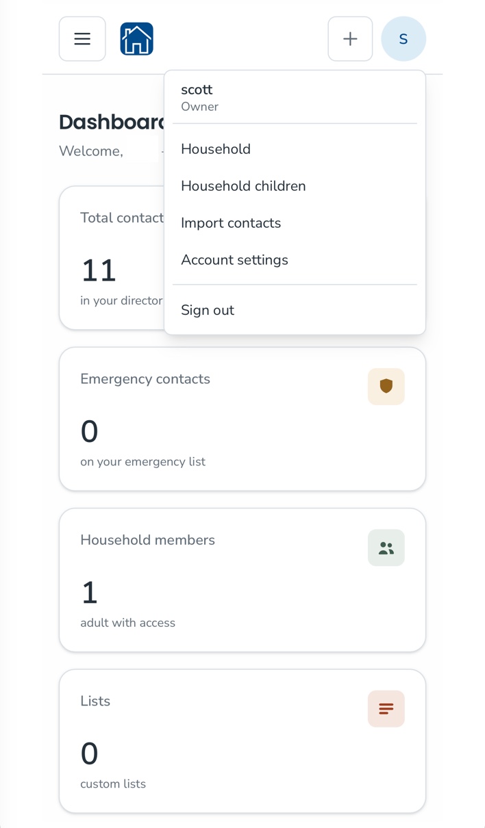 The KeeperCircle dashboard with the account menu open, showing Household, Household children, Import contacts, Account settings, and Sign out