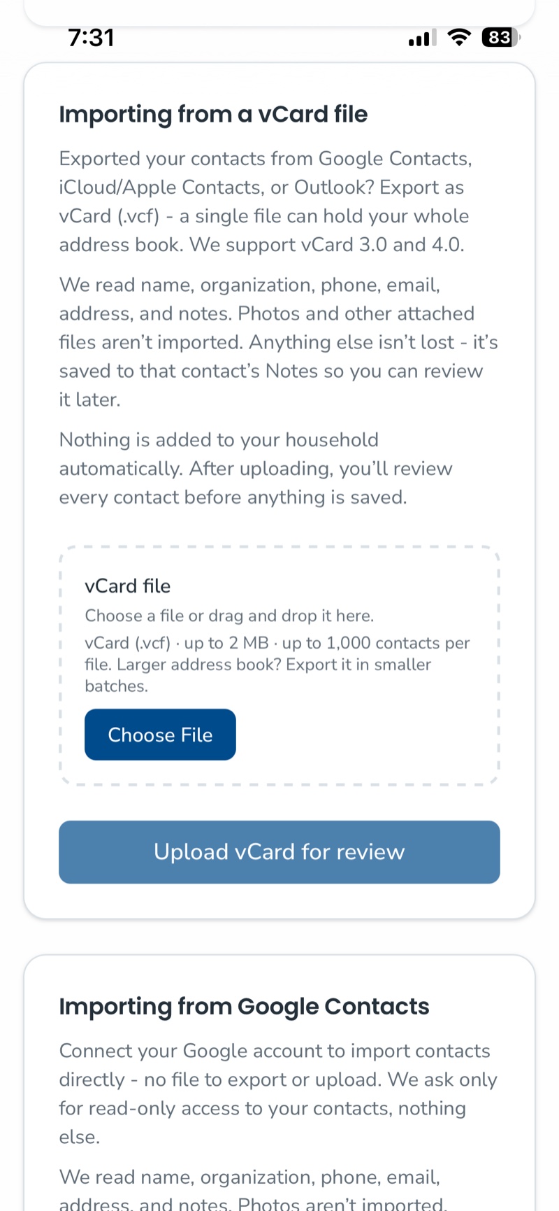 The Importing from a vCard file card, with a Choose File button and an Upload vCard for review button