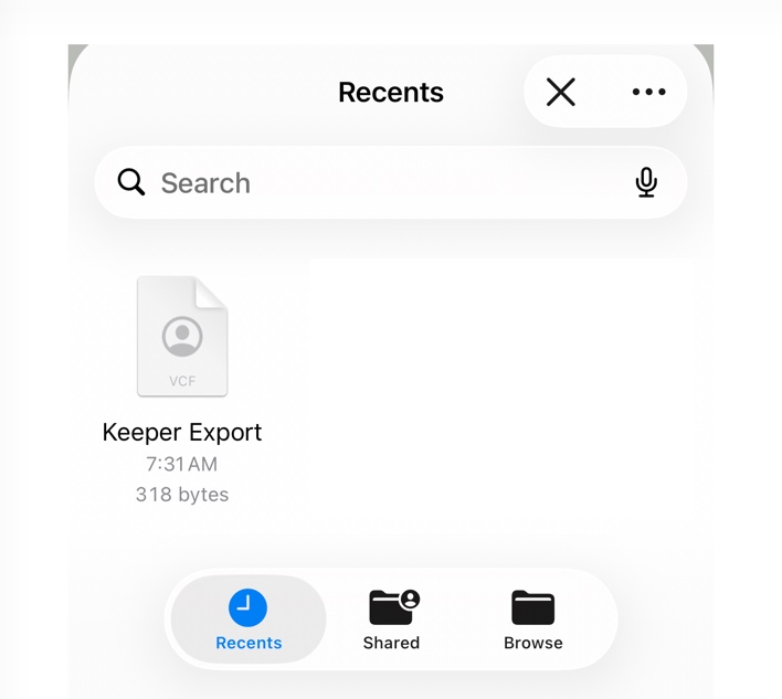 The iPhone file picker showing the Keeper Export file under Recents