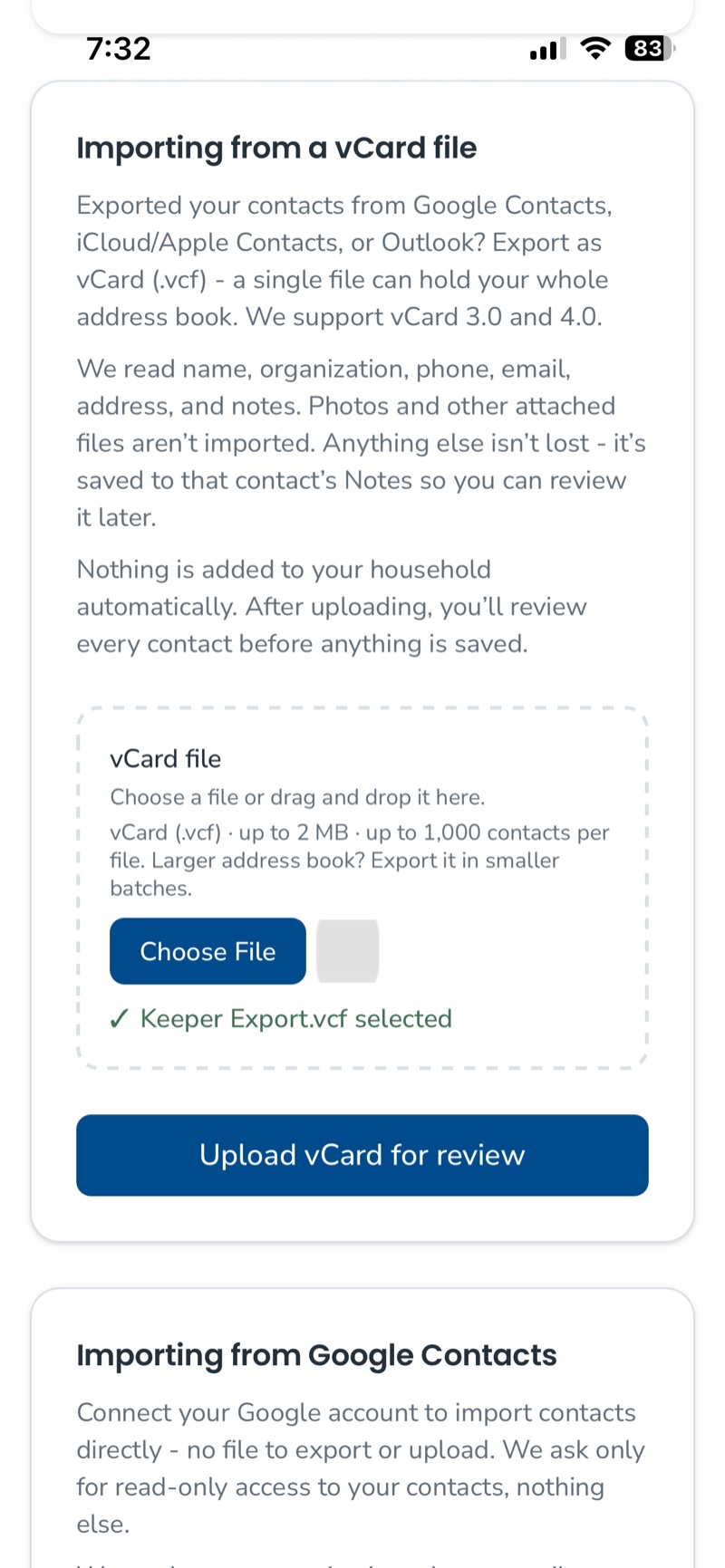 The vCard upload card showing a green checkmark and the message Keeper Export.vcf selected