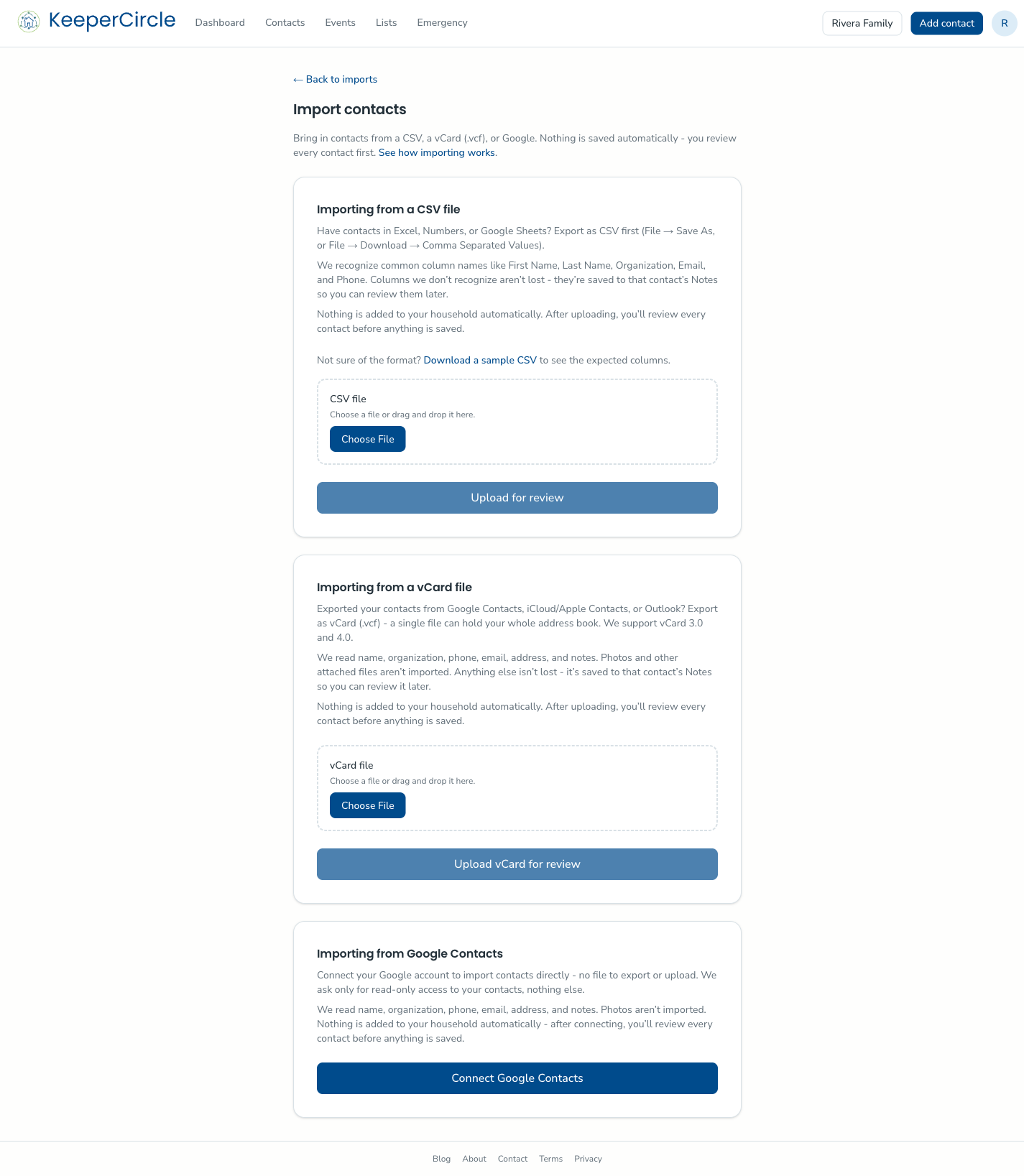The import screen, with a sample CSV you can download to see the expected columns